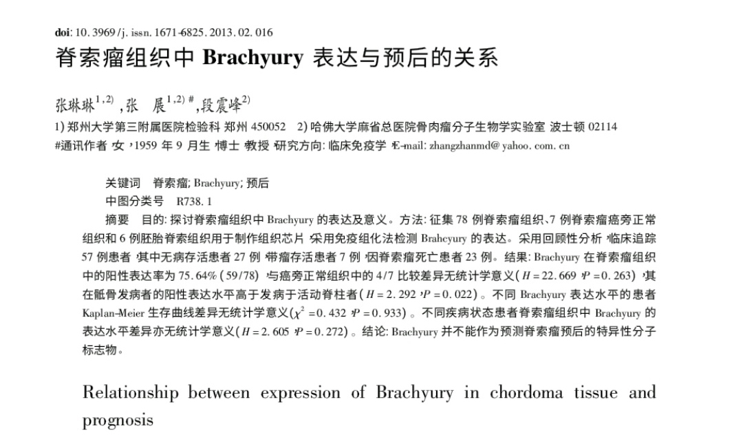 脊索瘤组织中Brachyury表达与预后的关系2013